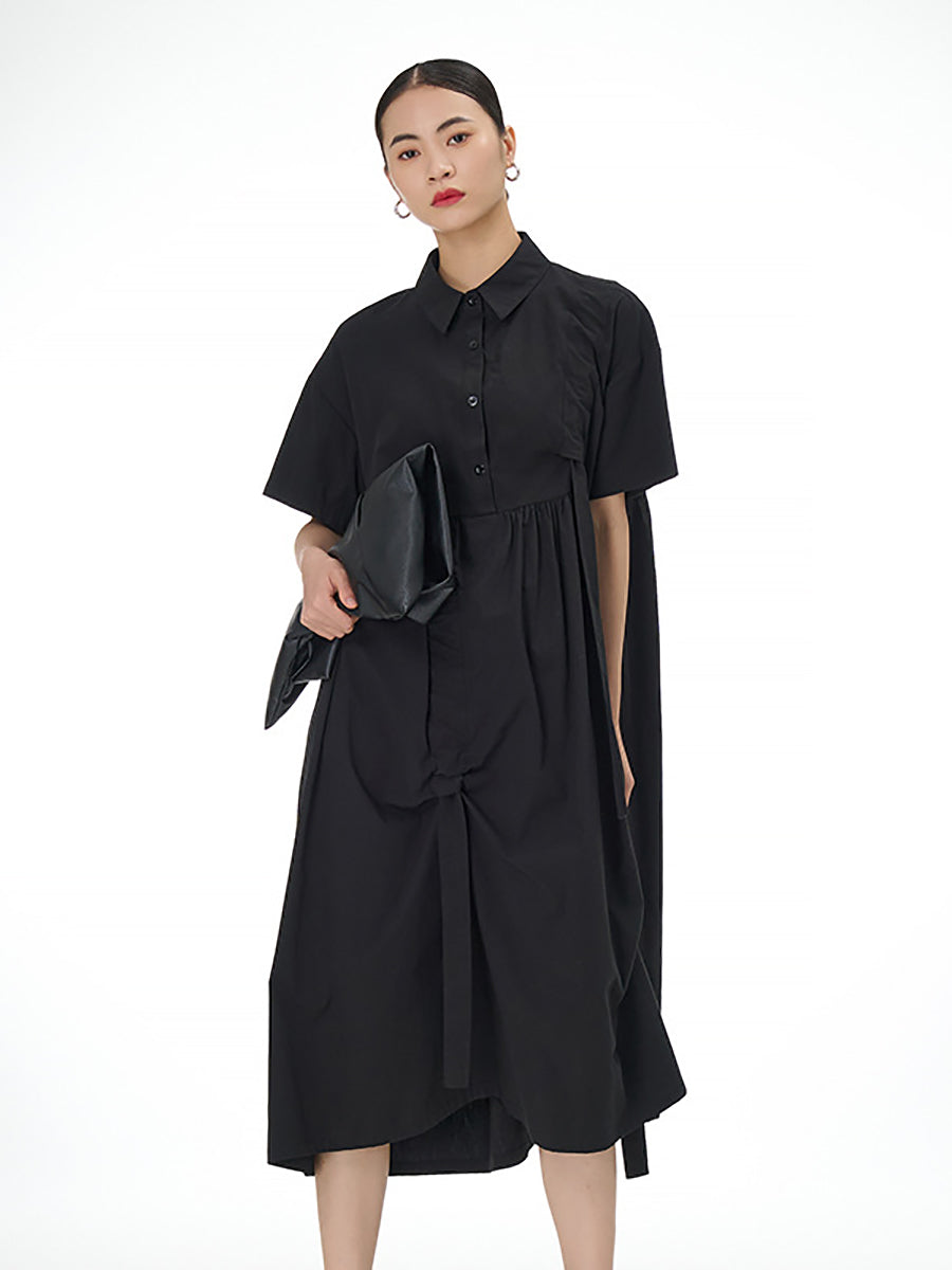 Women Summer Artsy Design Pleat Solid Shirt Dress