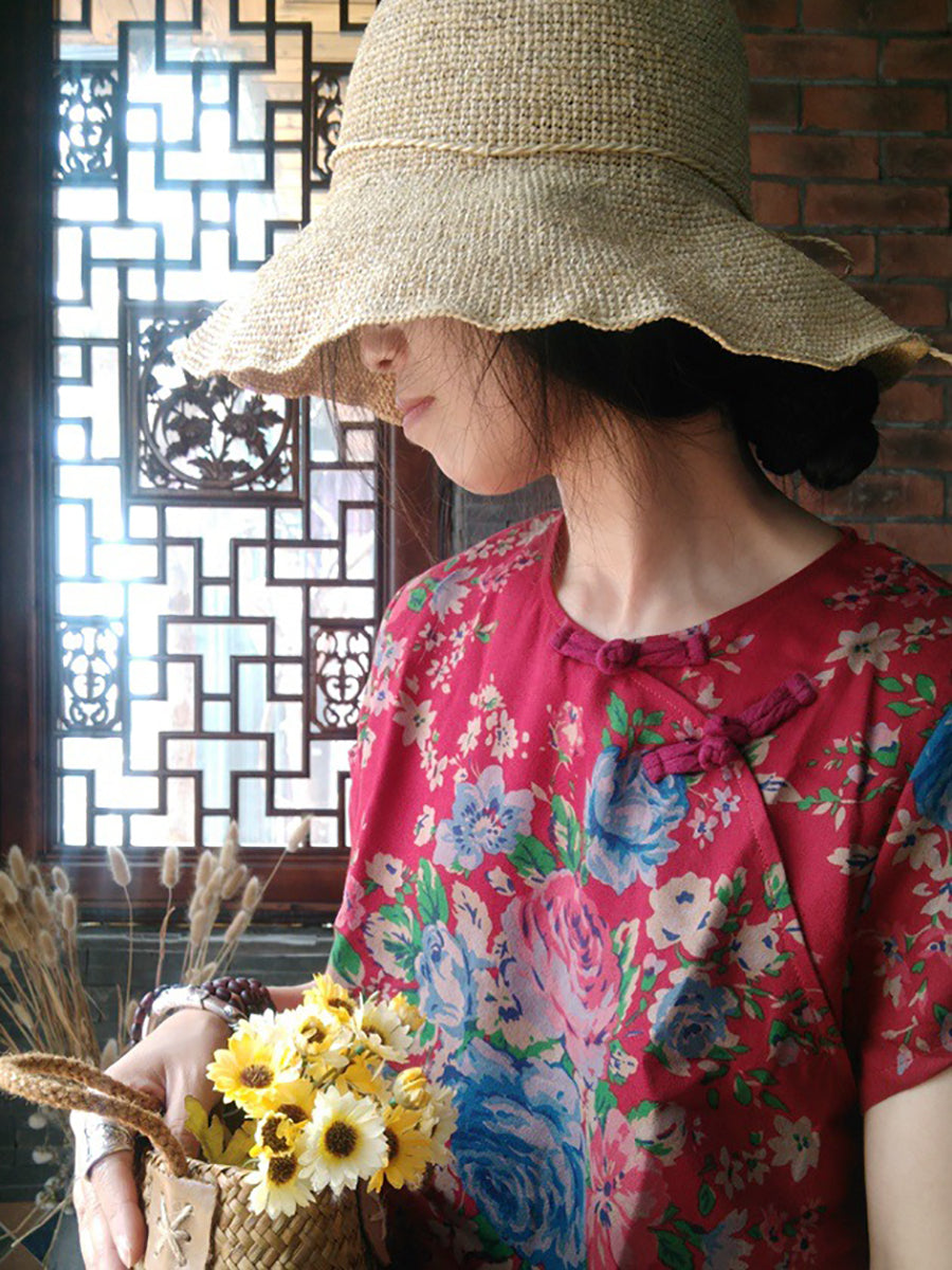 Women Summer Floral Vintage Button Loose Cotton Shirt
