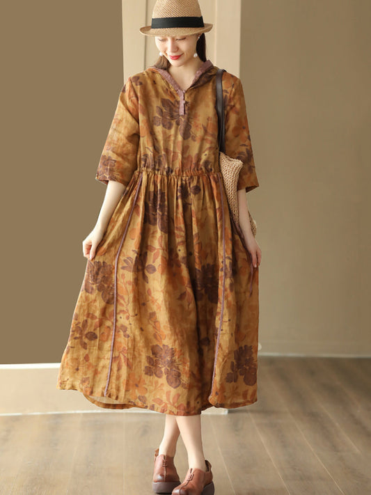 Robe à capuche en lin plissée florale vintage pour femmes