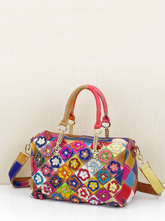 Women Leather Rhomboids Flower Spliced Shoulder Bags