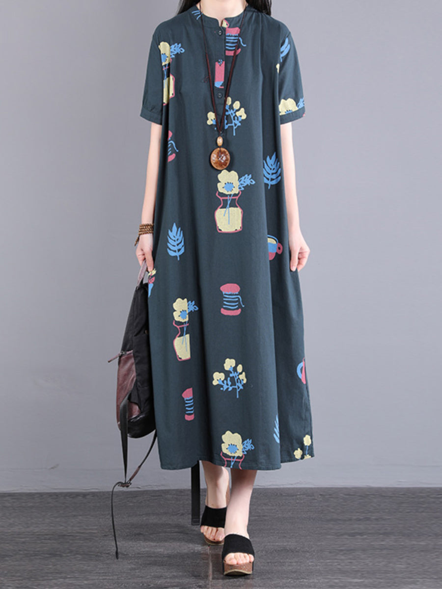 Women Casual Cute Cartton Print Button Loose Long Dress