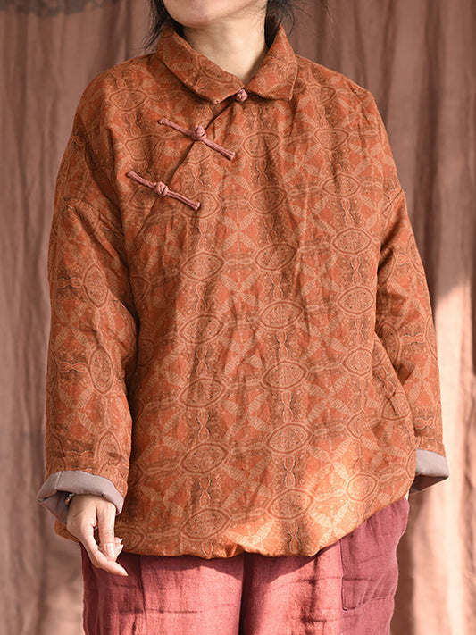 Manteau rembourré en lin imprimé ethnique pour femme