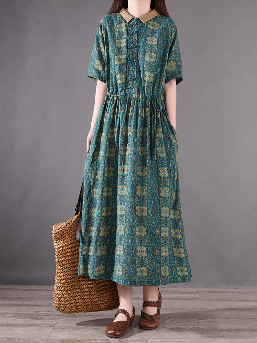 Women Vintage Summer Spliced Drawstring Pleat Dress