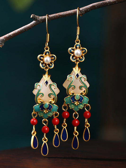Women Ethnic Jade Enamel Alloy Tassel Earrings