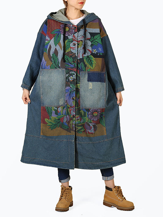 Women Vintage Flower Patch Spliced Deim Hooded Coat