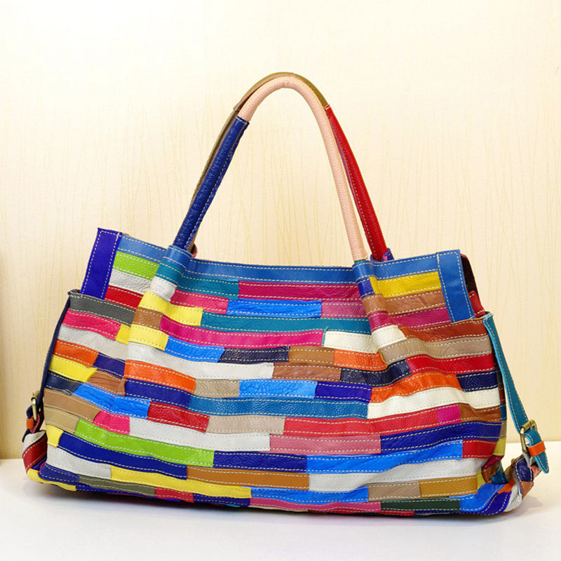 Casual Multicolor Leather Spliced Stripe Shoulder Bag