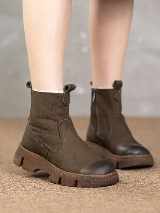 Women Winter Leather Vintage Solid Ankle Boots