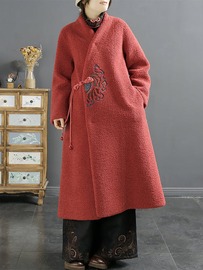 Women Ethnic Embroidery Winter Fleece Long Coat