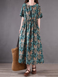 Women Vintage Flower Pleat Drawstring Loose Cotton Dress