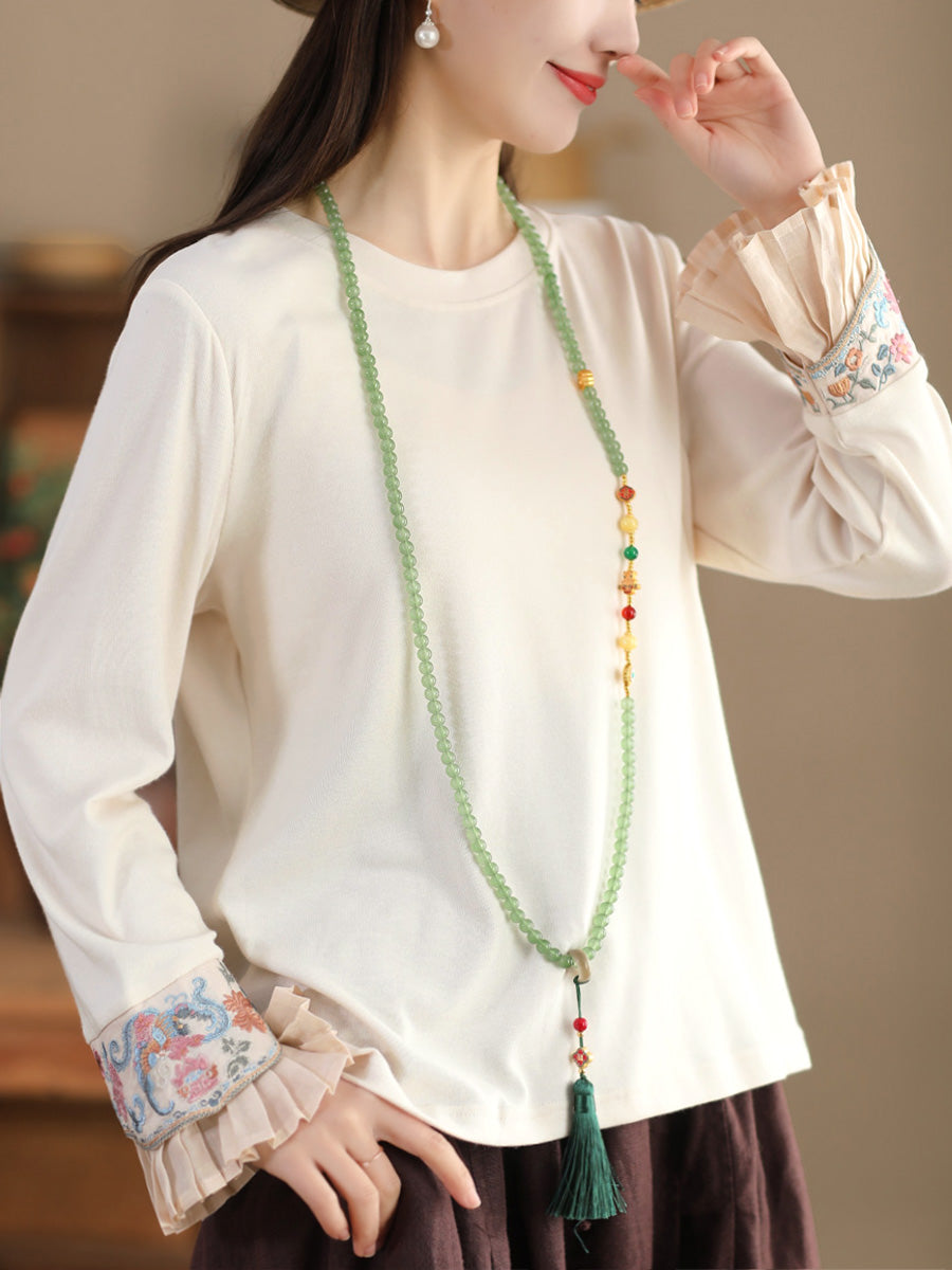 Women Ethnic Flare Sleeve Embroidery Spring Shirt