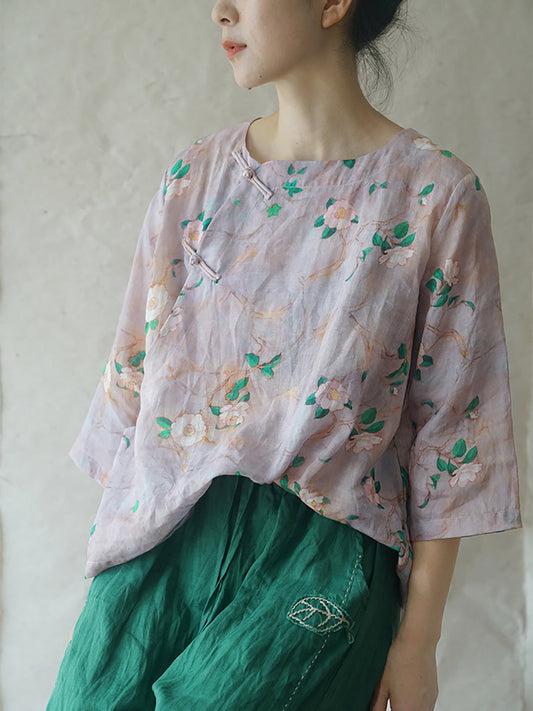 Chemise d'été vintage à fermeture inclinée avec boutons et fleurs pour femmes