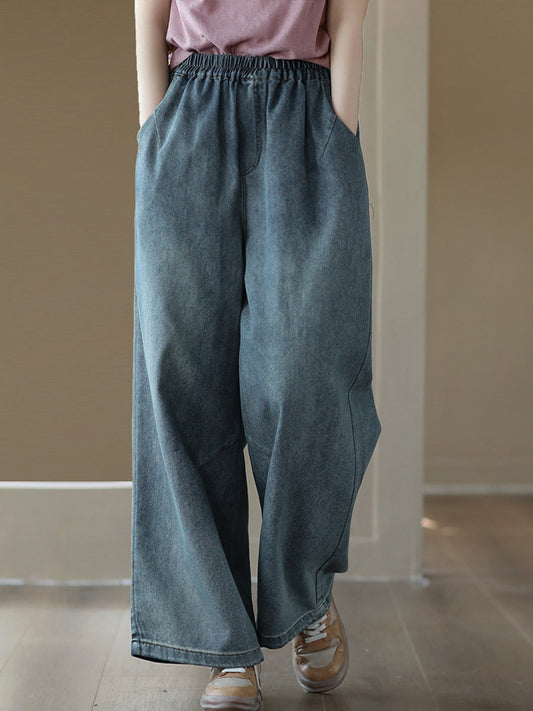 Women Casual Soft Solid Pocket Denim Straight-leg Pants