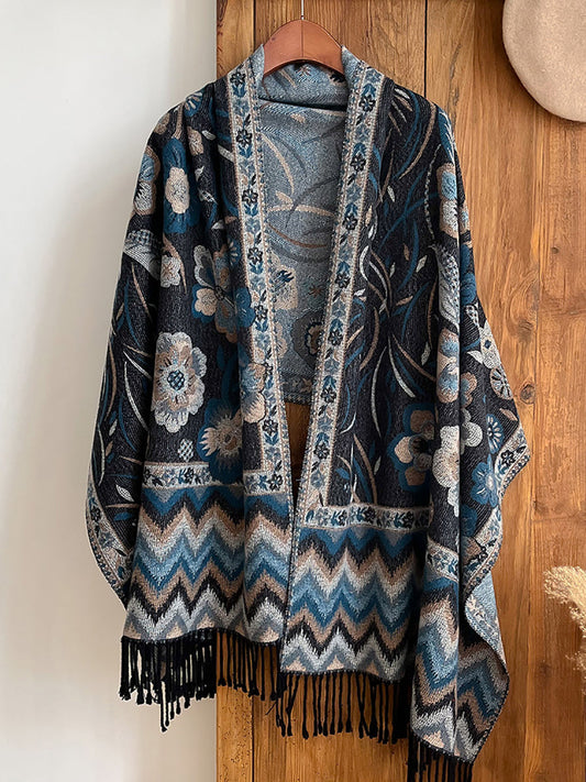 Women Ethnic Flower Tassel Travel Shawl Scarf
