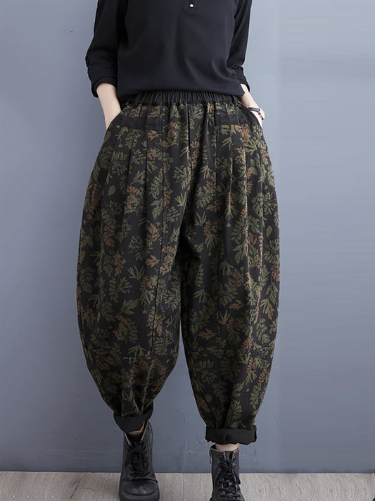 Pantalon sarouel en denim d'hiver imprimé feuilles vintage pour femme