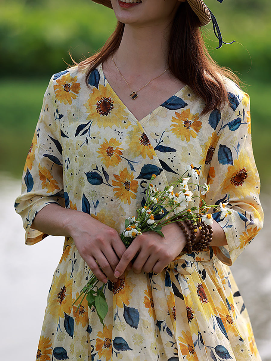 Women Summer Prairie Chic Sunflower V-neck Dress