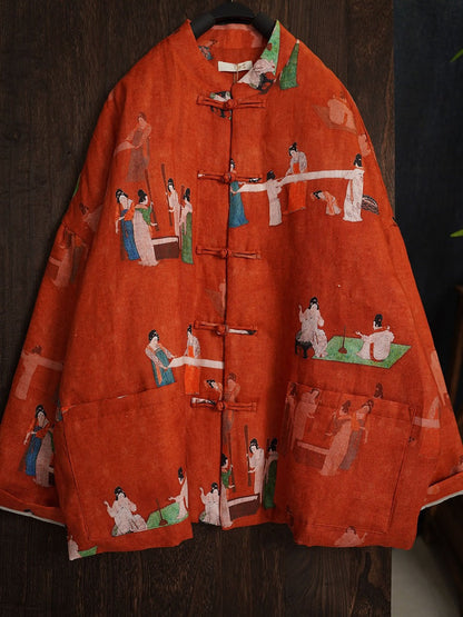 Women Ethnic Print Winter Linen Padded Coat