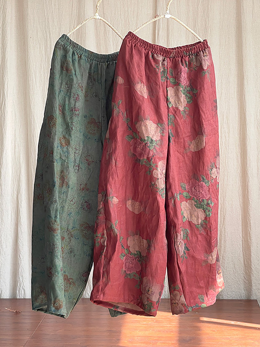 Women Vintage Floral Spring Linen Wide-leg Pants
