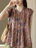 Women Vintage Summer Floral Pleat Sleeveless Ramie Shirt