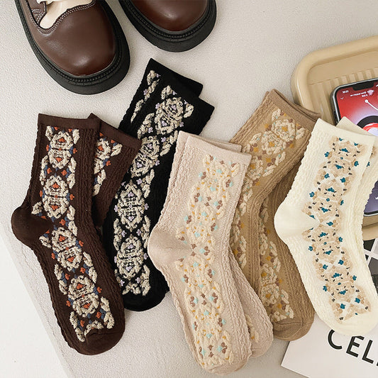 5 paires de chaussettes en coton jacquard vintage pour femmes