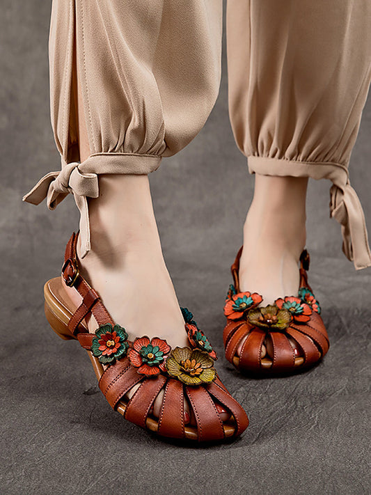 Women Summer Vintage Leather Flower Spliced Slippers