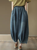 Women Retro Elastic Waist Pocket Solid Ankle-Length Pants