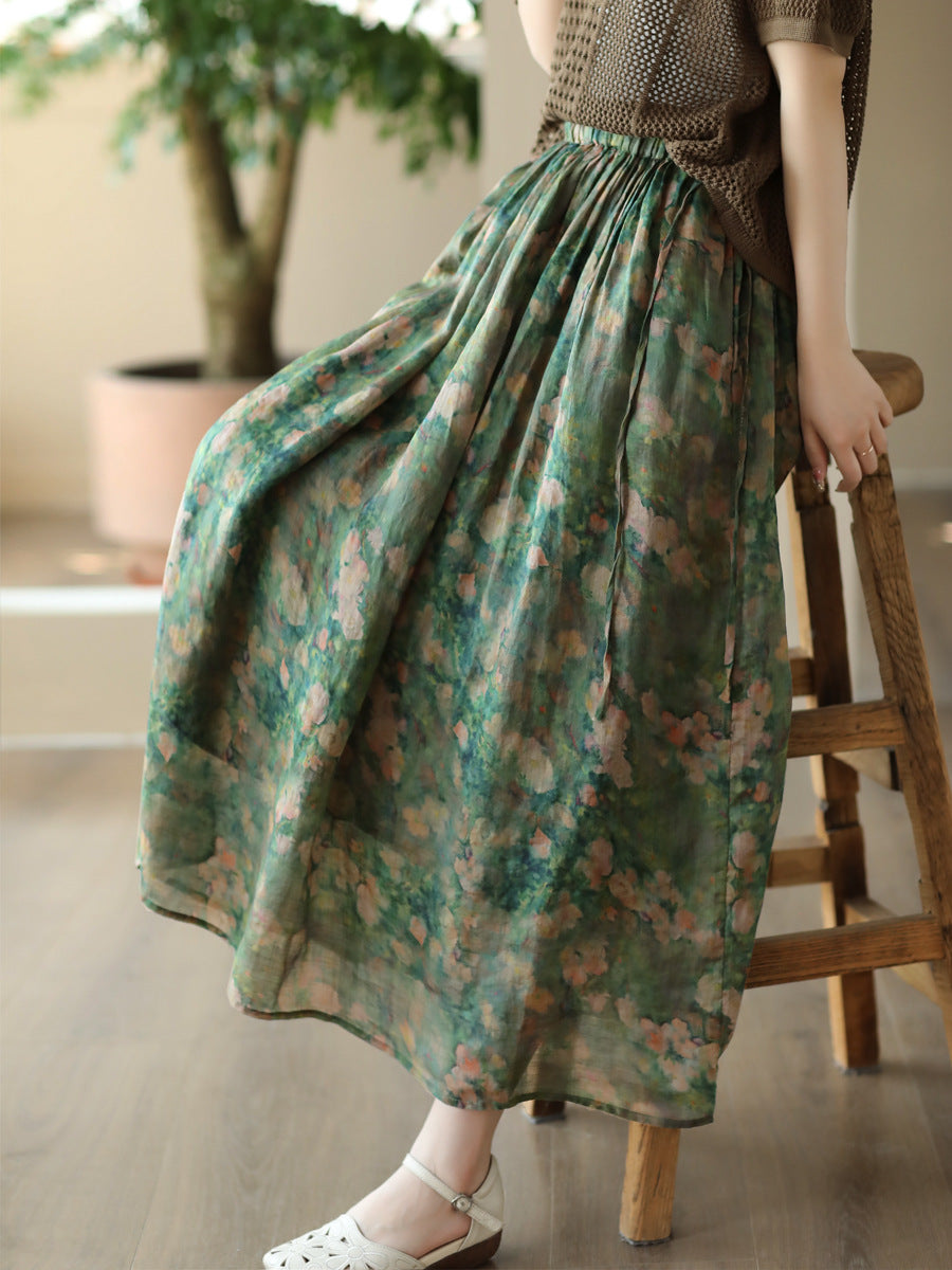 Women Summer Artsy Floral Drwastring Loose Ramie Skirt