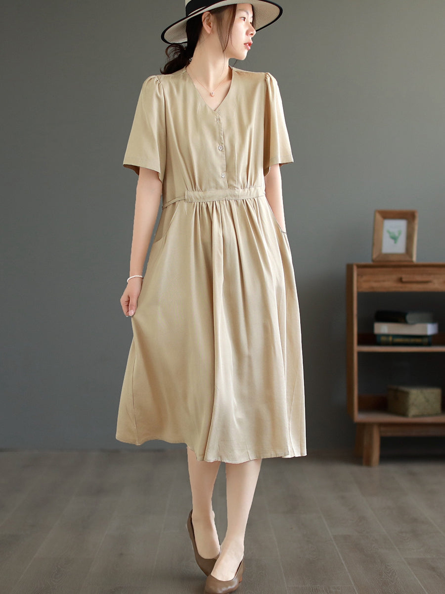 Women Summer Casual Solid Pleat V-Neck Loose Dress