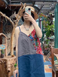 Women Ethnic Summer Patchwork Flower Button Vest Dress