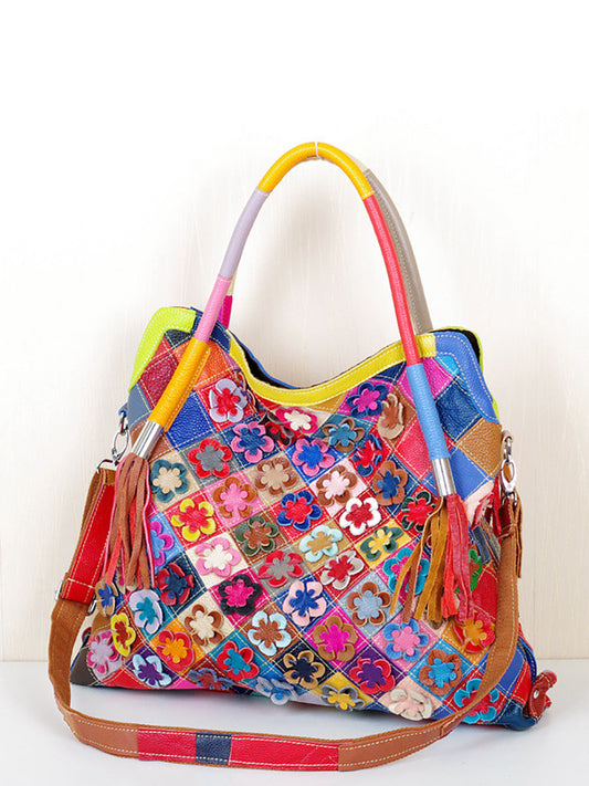 Women Vintage Leather Colorful Flower Spliced Shoulder Bag