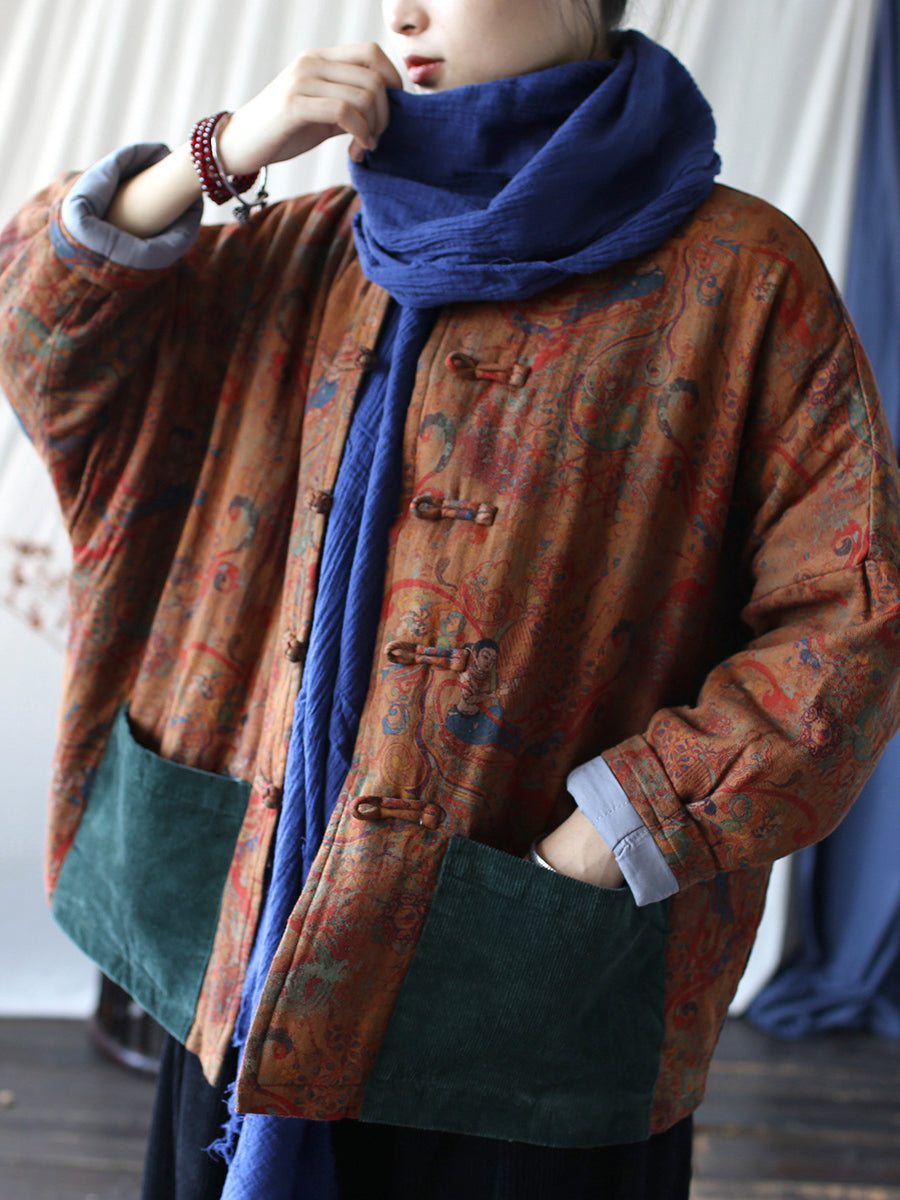 Women Ethnic Print Spliced Buckle Padded Cotton Coat