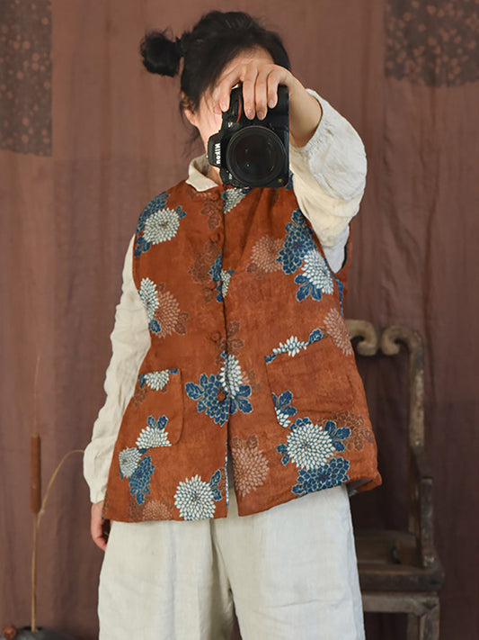 Women Ethnic Floral Ramie Cotton Padded Vest Coat