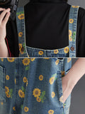 Women Summer Vintage Sunflower Worn Pocket Denim Jumpsuits