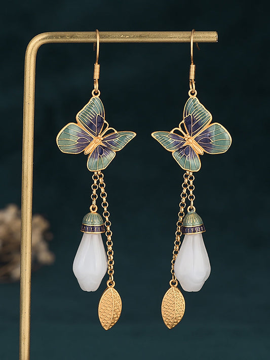 Boucles d'oreilles ethniques en alliage de fleur de Jade cloisonné papillon pour femmes