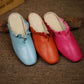 Women Vintage Solid Leather Soft Ruffled Slippers