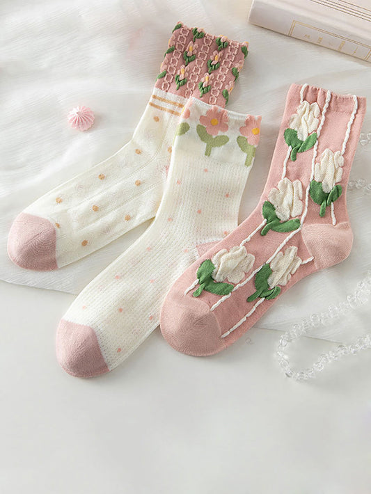 3 paires de chaussettes longues en jacquard à fleurs de printemps pour femmes