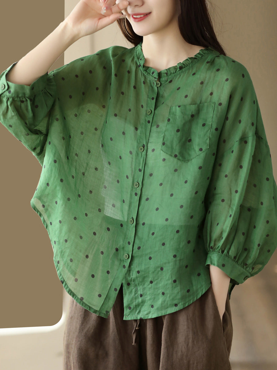 Chemise décontractée en lin et dentelle agaric avec poche à pois pour femmes Smmer
