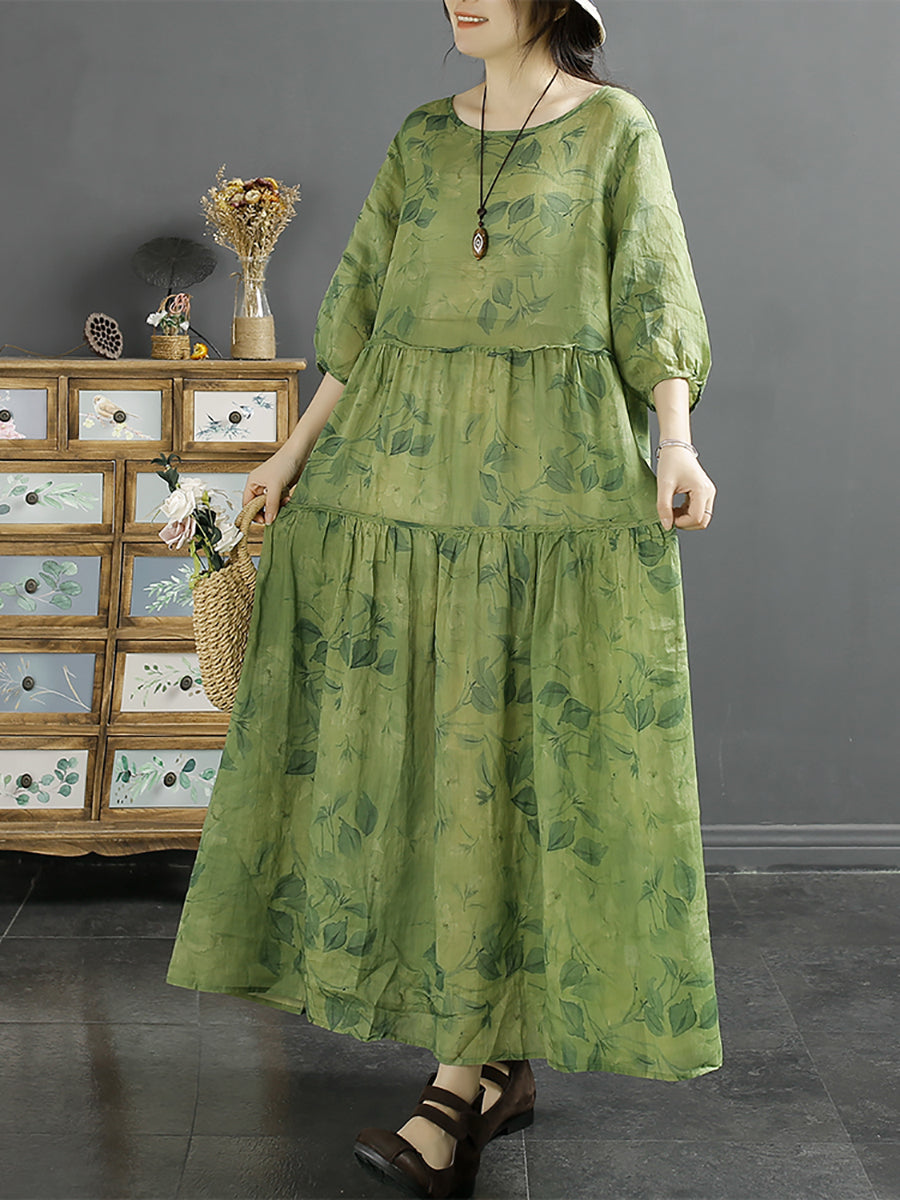 Women Summer Vintage Print Pleat Loose Ramie Dress