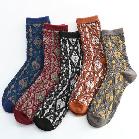 5 Pairs Women Vintage Rhomboids Jacquard Socks