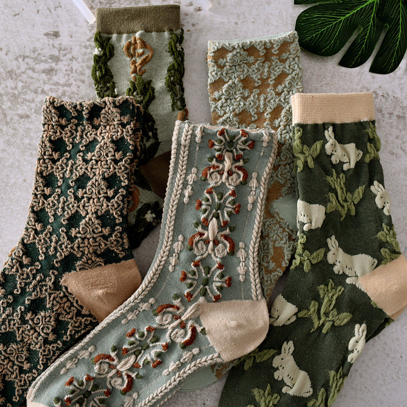 5 paires de chaussettes jacquard à plantes vintage pour femmes, printemps