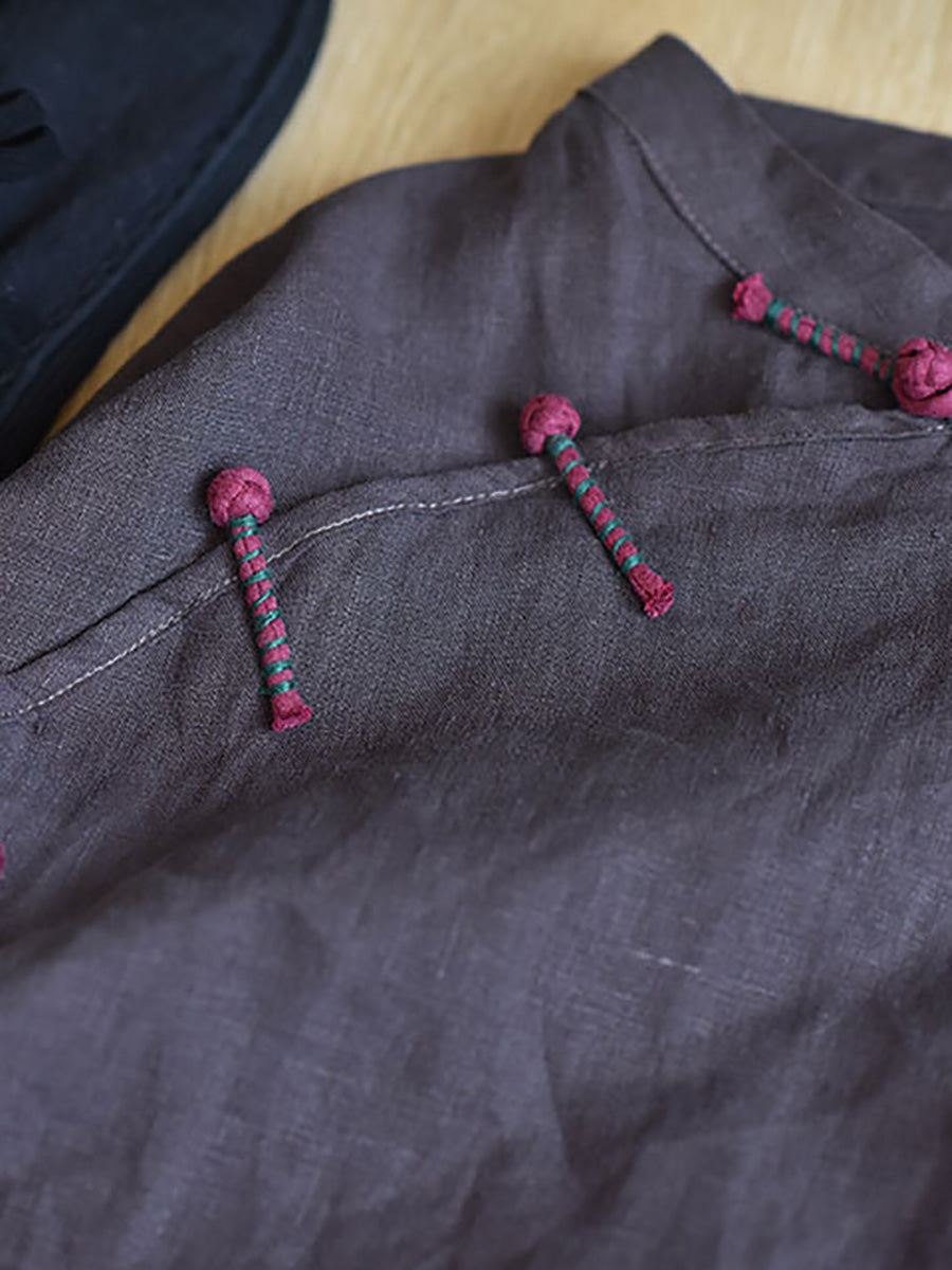 Women Vintage Solid Knot Button Linen Shirt