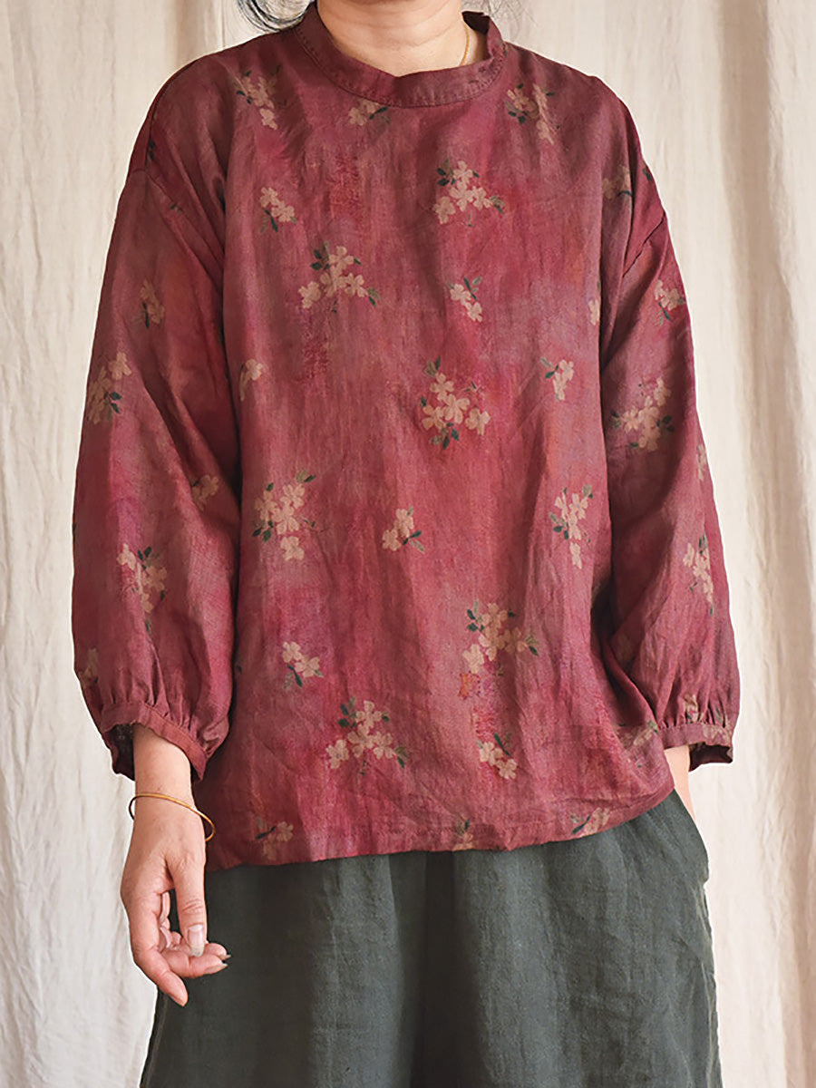 Women Vintage Floral Loose Spring Linen Shirt