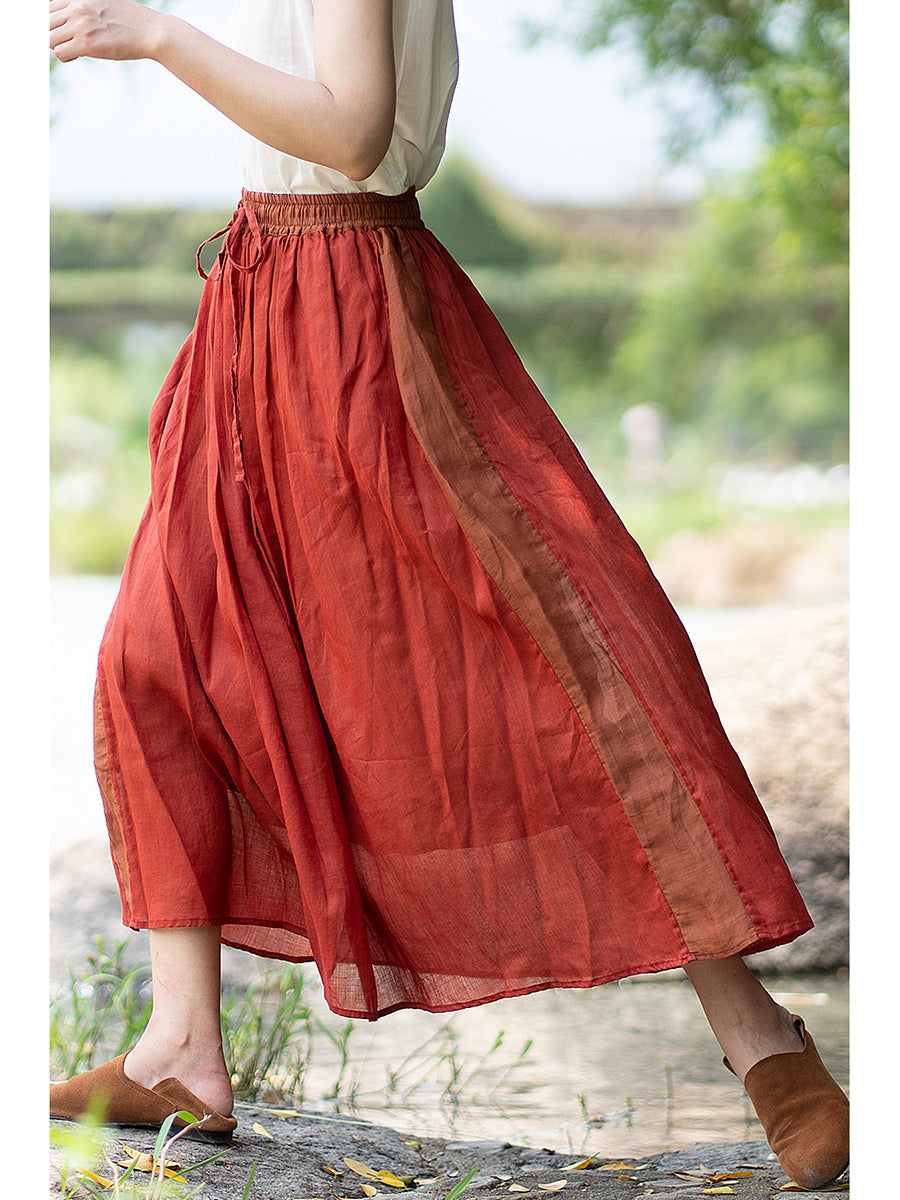 Women Summer Vintage Red Spliced Drawstring Ramie Skirt