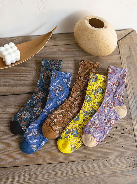 5 paires de chaussettes jacquard à fleurs vintage pour femmes