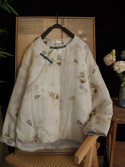 Women Vintage Flower Print Ramie Padded Coat