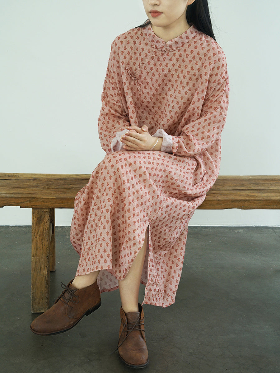 Women Summer Vintage Dot Split HemThin Ramie Robe Dress