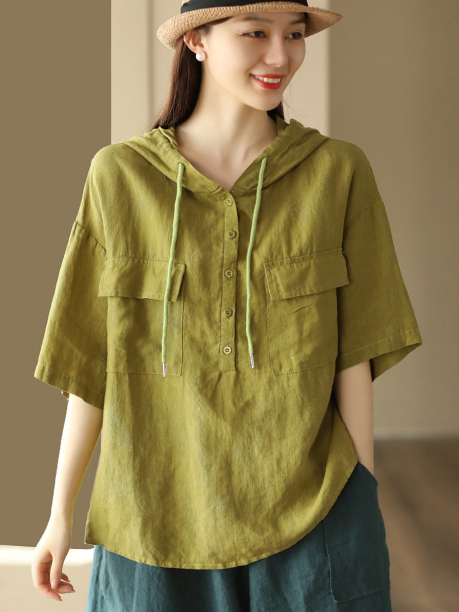 Women Summer Solid Pocket Drawstring Button Hooded Shirt