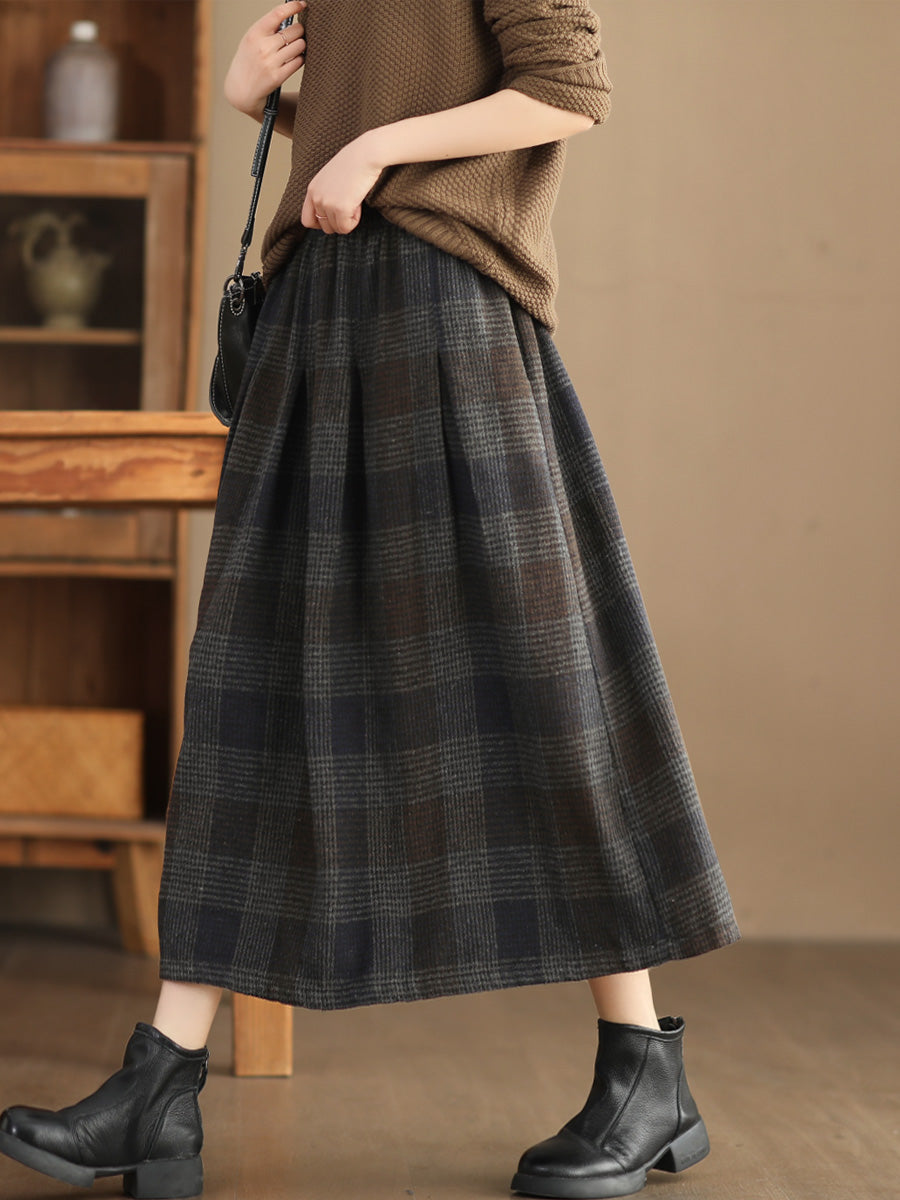 Women Vintage Plaid A-shape Woolen Skirt