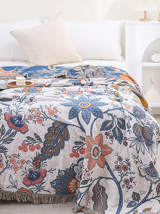 Cotton Flower Jacquard Tassel Bedcover Sofa Blanket