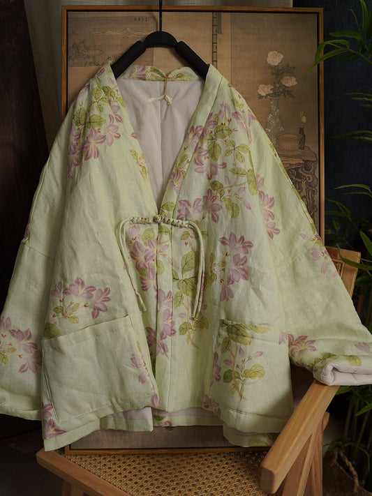 Women Ethnic Floral Print Winter Ramie Padded Coat