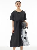 Women Summer Dot Colorblock Pleat Loose Cotton Dress